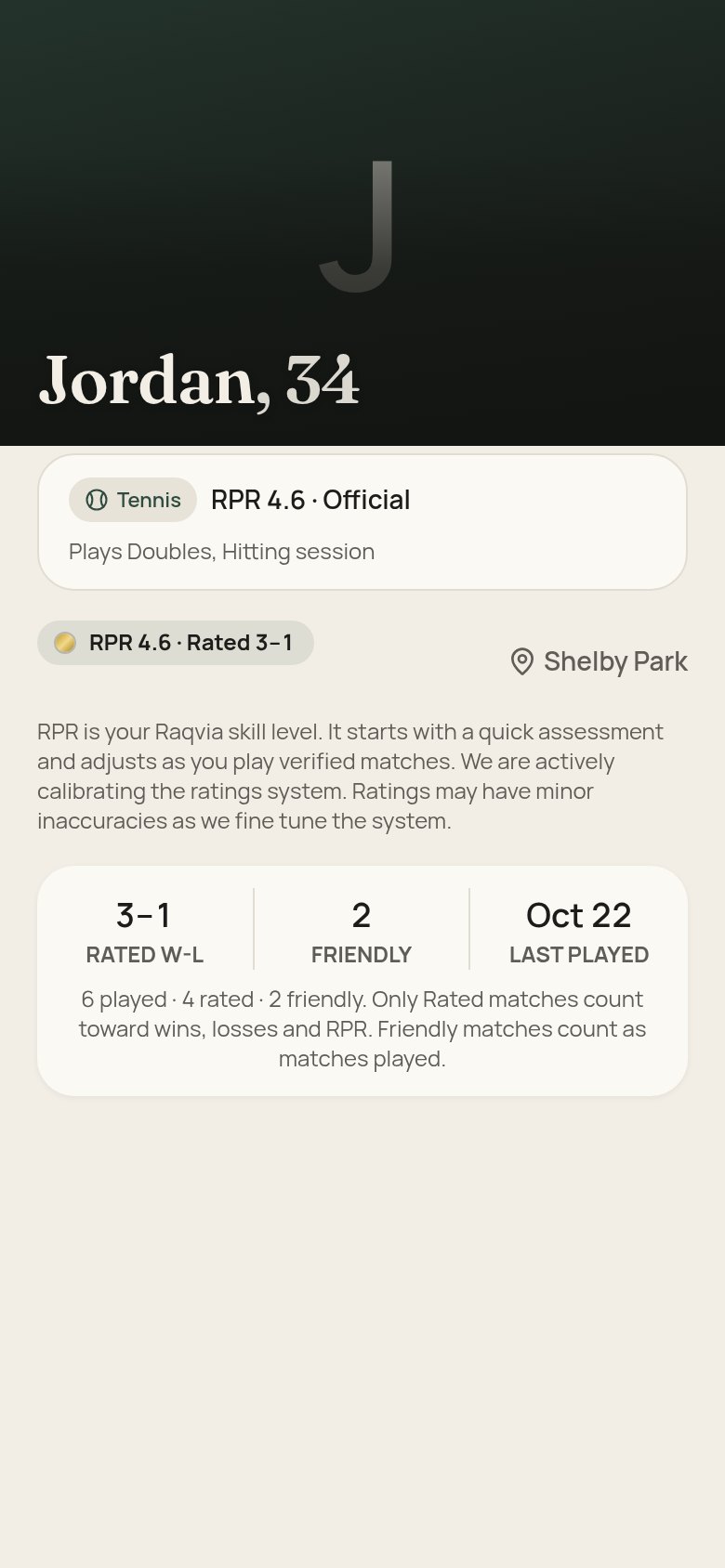 A player profile showing RPR, rated record and sport